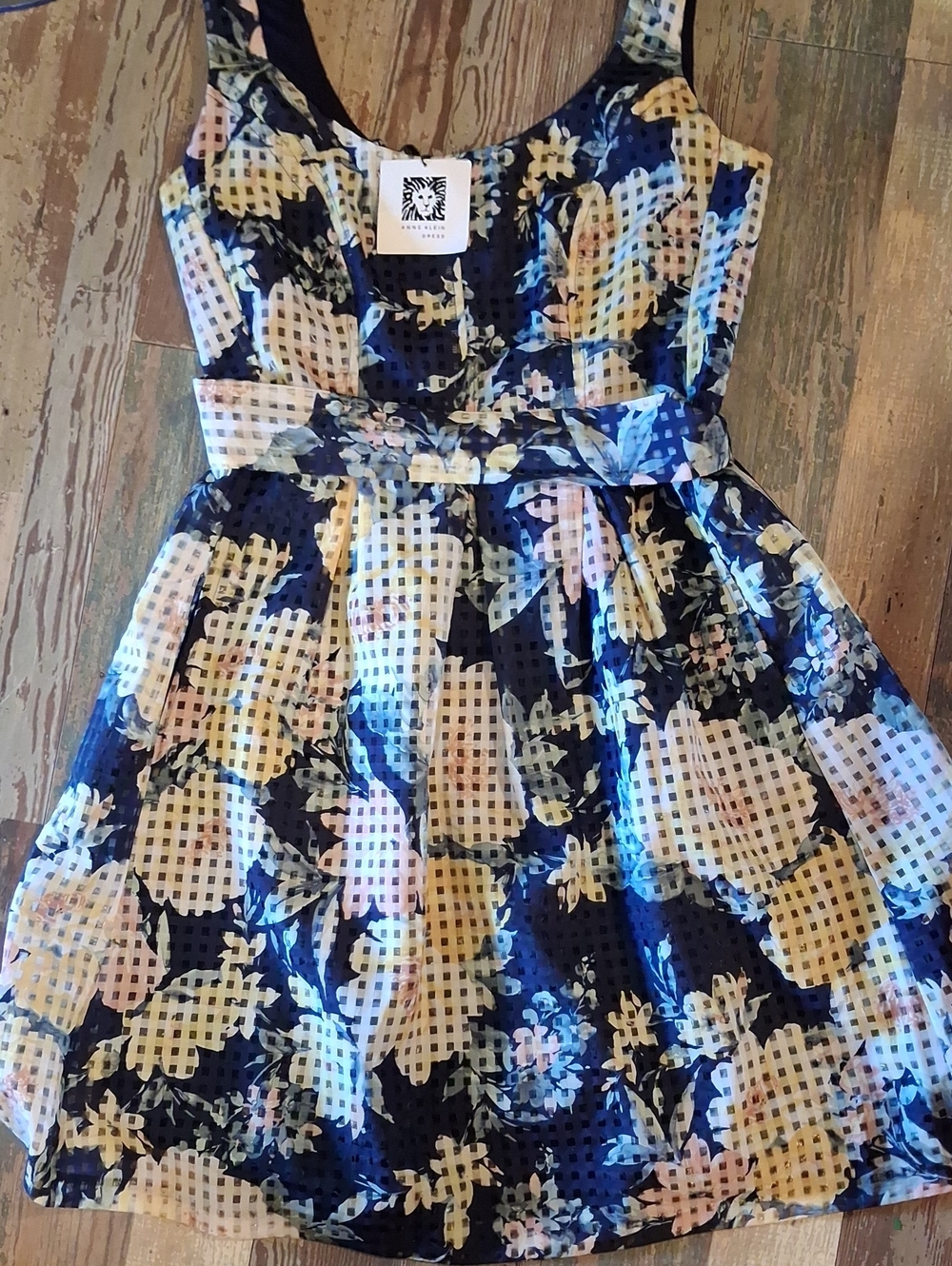 Anne Klein Navy Floral Fit-and-Flare Dress with Peach Accents